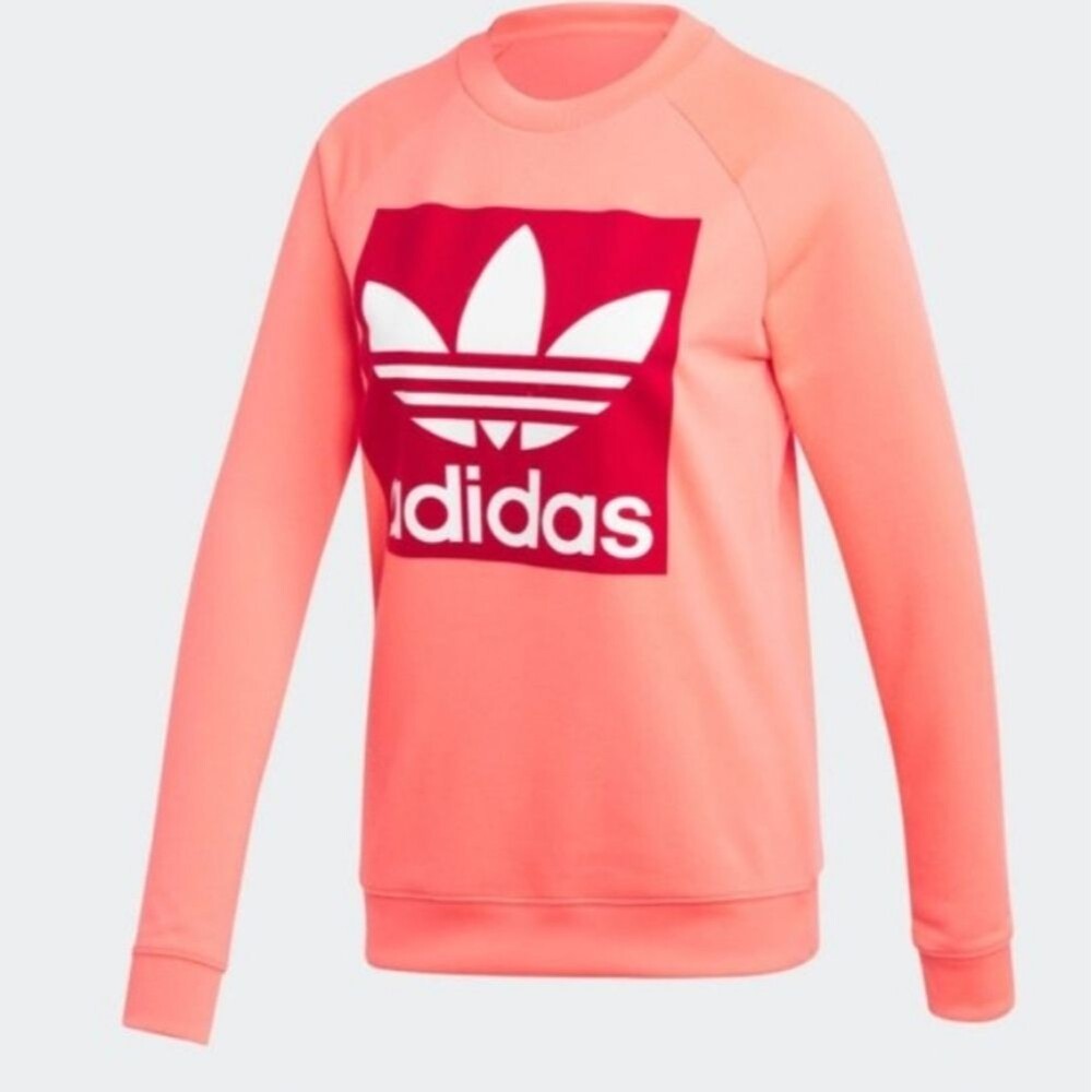 ADIDAS WOMENS TREFOIL CREW SWEATSHIRT FLARED sz S Neon And Red - Picture 16 of 16